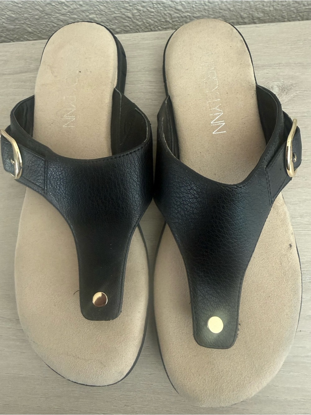 Women’s Black Thong Sandals with Gold Buckle